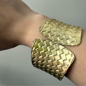 Woven Gold Cuff Bracelet – Wide Hinge Bangle, Statement Style